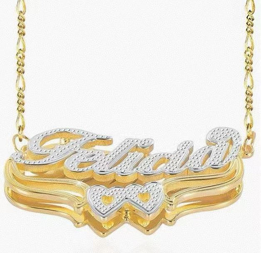 Engraved Double-Layer Heart Name Necklace in 925 Silver Custom Heart Necklace Personalized Two Tone Gold and Silver Custom Name Necklace for Women Teen Girls Jewelry Gift