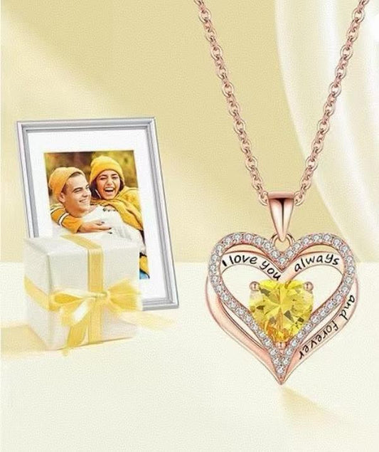 Dual - Layer Heart - Shaped Diamond - Studded Birthstone Pendant Rose Gold Necklace,Customized Love Necklace,Lightweight and Elegant Necklace for Gifts and Dates.