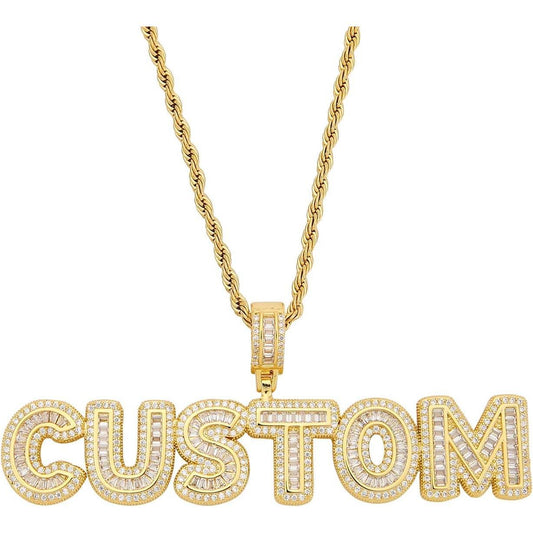 Custom Chain Iced Out Name Pendant Letter Necklace Personalized Diamond Jewelry with 24inch Rope Chain Rose Gold Silver Hip Hop Necklace Gift for Women Men