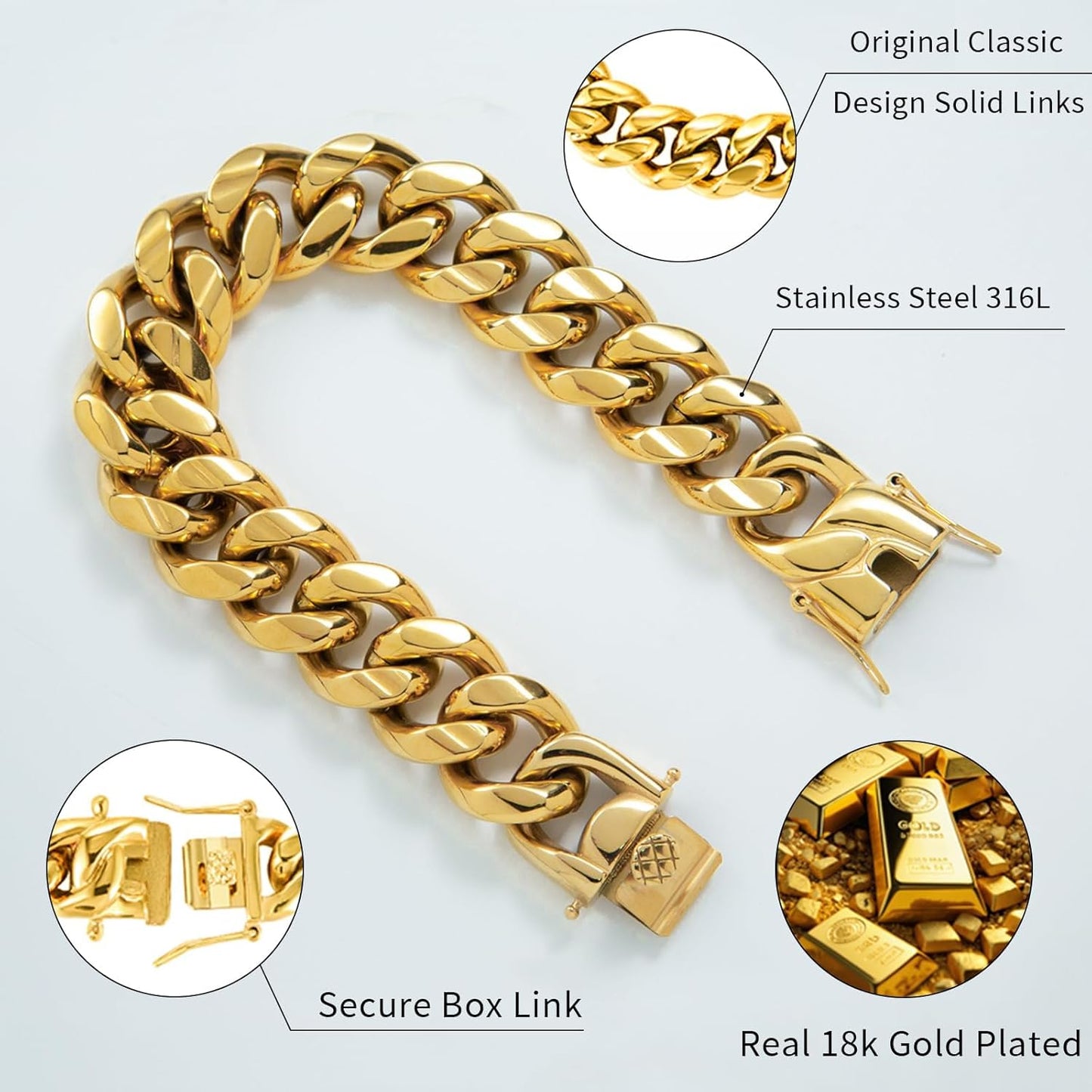 18K Gold Plated Stainless Steel Cuban Link Chain Necklace, Personalized Custom Monogram, High Polish, Waterproof