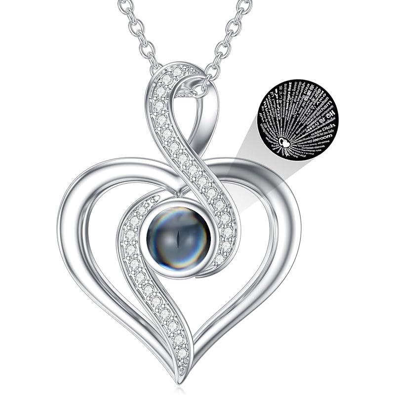 925 Sterling Silver I Love You 100 Languages Necklace I Love You Forever Infinity Heart Mom Sunflower Projection Pendant Necklace for Women Mother's Day Gift