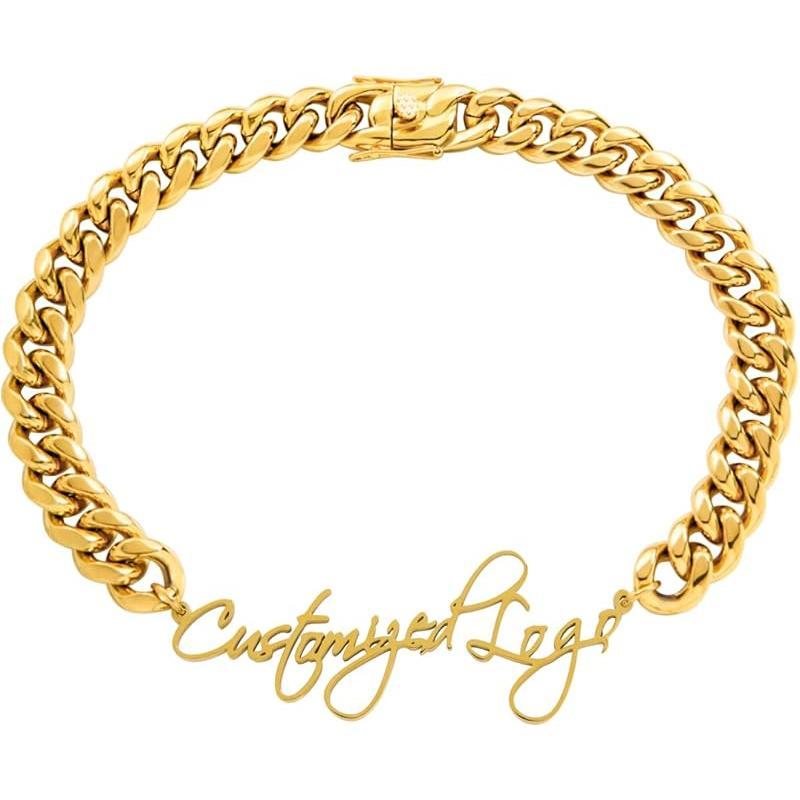 18K Gold Plated Stainless Steel Cuban Link Chain Necklace, Personalized Custom Monogram, High Polish, Waterproof