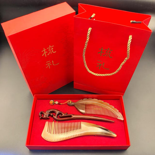 Buffalo Horn Comb Trio —— a wellness treasure for your tresses; Carrying ancient elegance; Customizable adornments for a one - of - a - kind hair - care ritual with anti - hair loss, anti - aging, and anti - oxidation massage and care.