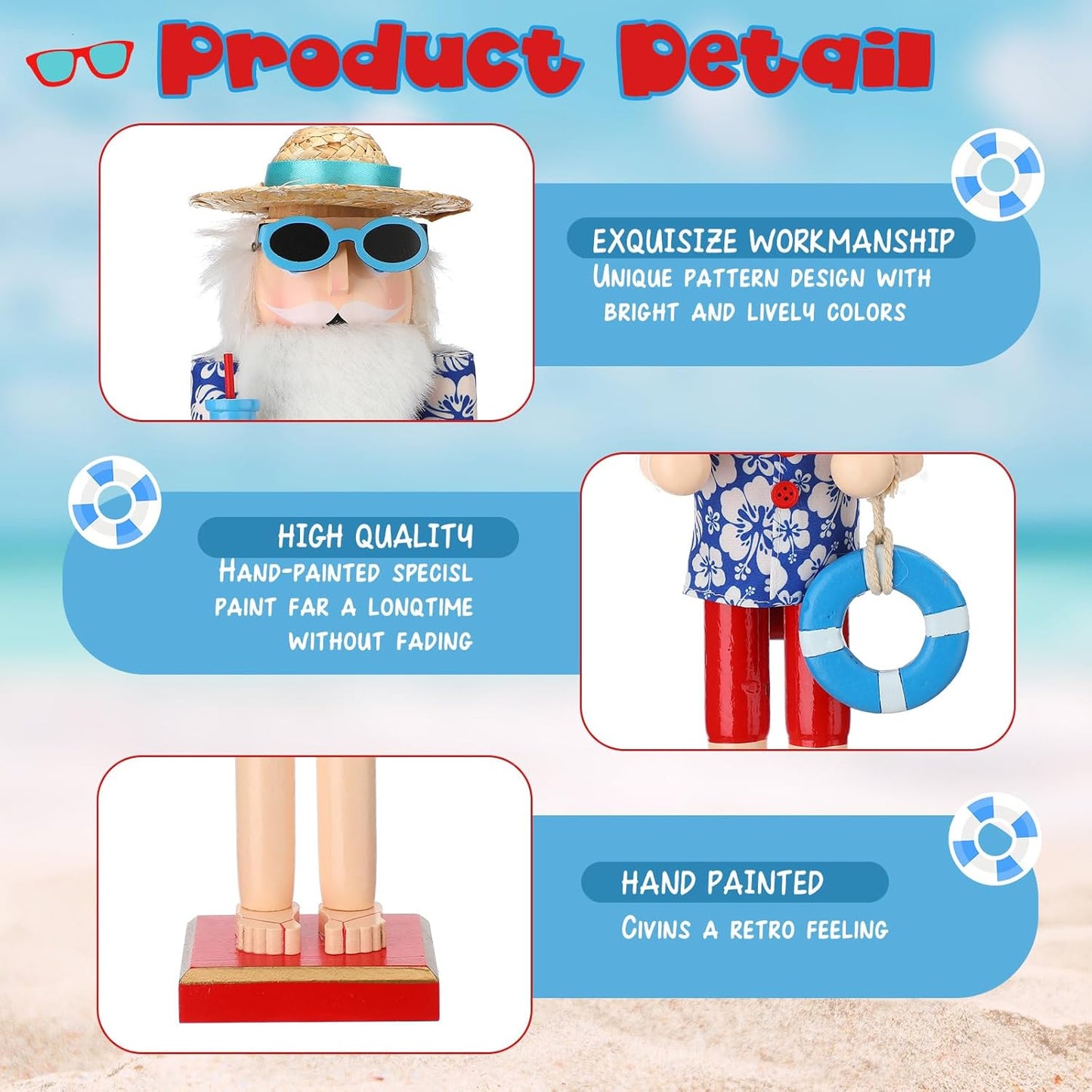 15 Inch Surfer Santa Nutcracker Wooden Summer Hawaii Christmas Nutcracker Figures, Large Beach Xmas Tabletop Centerpieces Festival Shelves Decorations