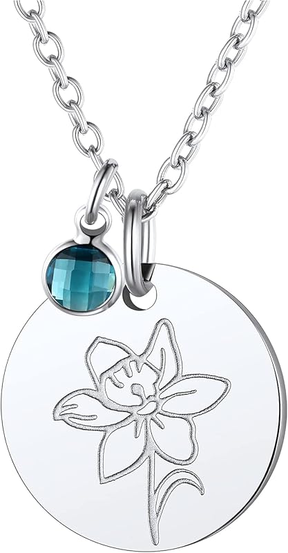 Necklaces for Women with Birthstone Stainless Steel/Gold Plated/Sterling Silver Jan. to Dec. Guardian Month Floral Pendant Custom Engraved Dainty Jewelry + Gift Box