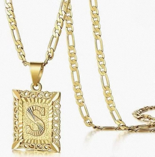 Golden Square Pendant Necklace with Hollowed-out Letter, Bold and Personalized for Hip-hop Parties, Skin-friendly Material, Custom Letter Jewelry Gift. Necklace Alphabets from A-Z Figaro Chain Jewelry