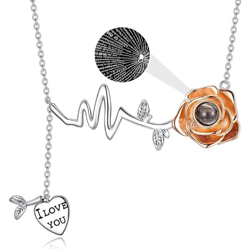 925 Sterling Silver I Love You 100 Languages Necklace I Love You Forever Infinity Heart Mom Sunflower Projection Pendant Necklace for Women Mother's Day Gift