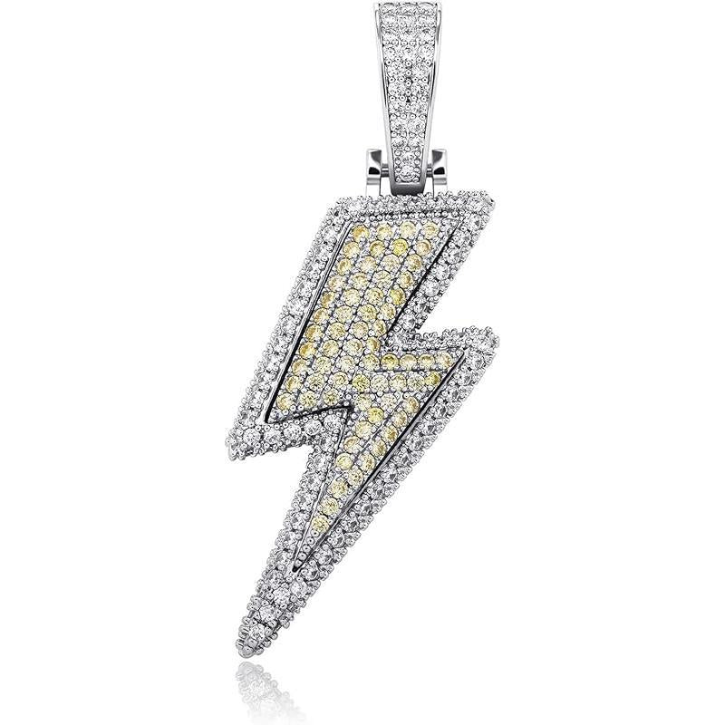 Hip Hop Lightning Bolt Design Pendant 18k Gold Plated Iced Out Cubic Zirconia Pendant Necklace with Micropave Simulated Diamond for Men Women