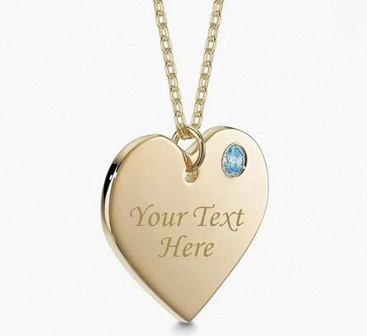 Southeast Asia Style Custom Heart Necklace - Gold Heart with Blue Sapphire Decor, Exclusive Engraving Customization, Sterling Silver Heart Necklace Pendant with Simulated Birthstone Personalized Engravable Gift   Custom Engraved Pendant for Women