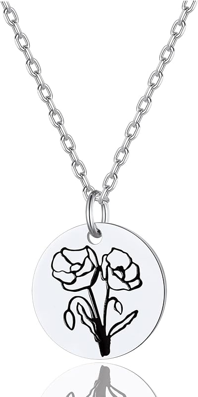 Necklaces for Women with Birthstone Stainless Steel/Gold Plated/Sterling Silver Jan. to Dec. Guardian Month Floral Pendant Custom Engraved Dainty Jewelry + Gift Box