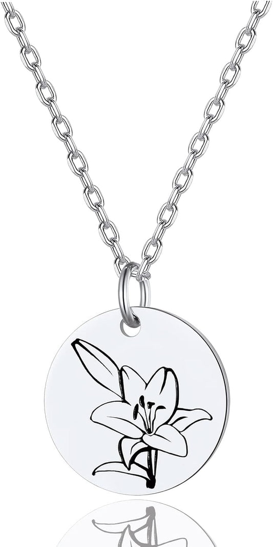 Necklaces for Women with Birthstone Stainless Steel/Gold Plated/Sterling Silver Jan. to Dec. Guardian Month Floral Pendant Custom Engraved Dainty Jewelry + Gift Box