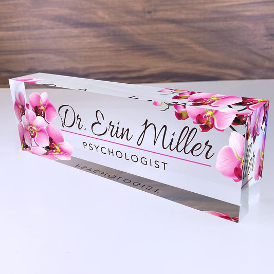 Custom Desk Name Plate - Orchids Design on Clear Acrylic Glass - Personalized with Your Name and Credentials for Office