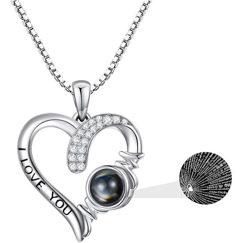 925 Sterling Silver I Love You 100 Languages Necklace I Love You Forever Infinity Heart Mom Sunflower Projection Pendant Necklace for Women Mother's Day Gift