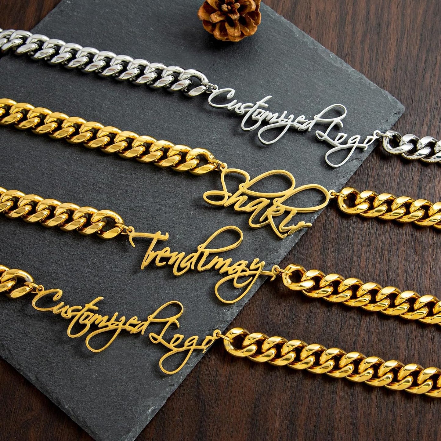 18K Gold Plated Stainless Steel Cuban Link Chain Necklace, Personalized Custom Monogram, High Polish, Waterproof