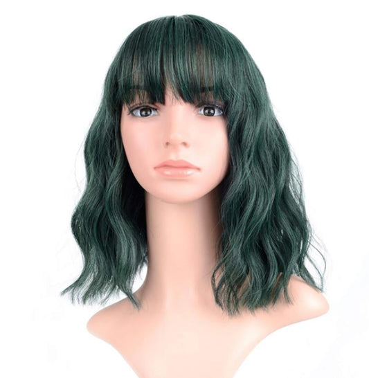 Short Bob Wigs Pastel Wavy Wig With Air Bangs Women's Shoulder Length Wigs Curly Wavy Synthetic Cosplay Wig Pastel Bob Wig for Girl Colorful Costume Wigs(12", Mix Green)