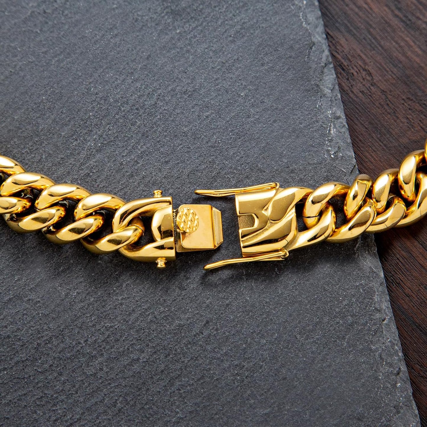 18K Gold Plated Stainless Steel Cuban Link Chain Necklace, Personalized Custom Monogram, High Polish, Waterproof