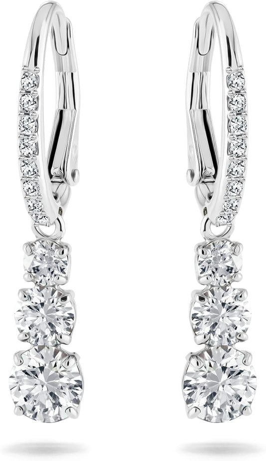 Pendant pierced earrings, white crystal, plated with white gold, with hinge seal.