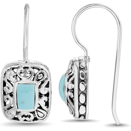Sterling Silver Turquoise Earrings Filigree French Wire Dangle for Women