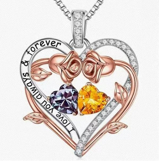 Twin Roses Heart Pendant Necklace – Personalized Two-Stone 925 Silver Jewelry, Elegant & Comfortable Wear, Perfect Romantic Gift for Her