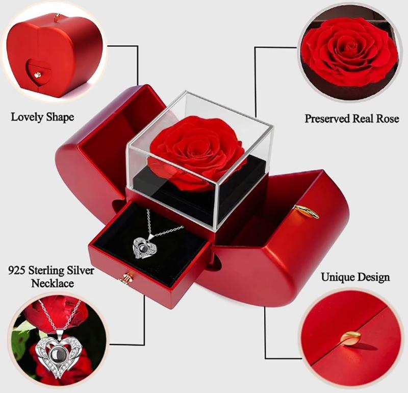 Valentine's Day Forever Rose Set I Love You Necklace 100 Languages, Gift for Wife Girlfriend Mum Lady Her, Plastic, Acrylic