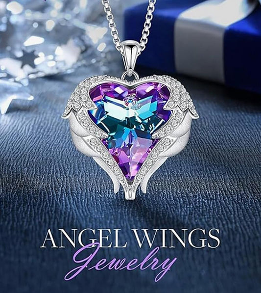 Angel wing necklace, love silver pendant with birthstone, wedding anniversary, Christmas, Valentine's Day/Mother's Day or birthday jewelry gift for mom, wife and girlfriend.