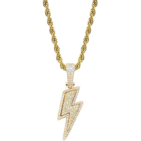 Hip Hop Lightning Bolt Design Pendant 18k Gold Plated Iced Out Cubic Zirconia Pendant Necklace with Micropave Simulated Diamond for Men Women