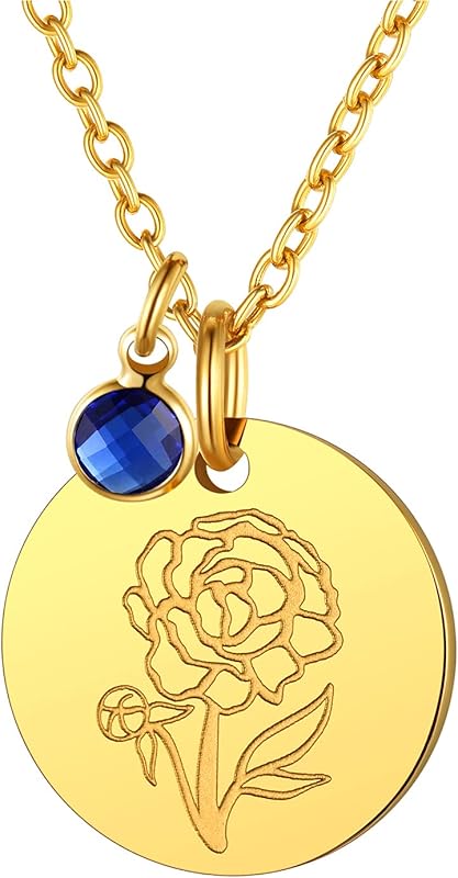 Necklaces for Women with Birthstone Stainless Steel/Gold Plated/Sterling Silver Jan. to Dec. Guardian Month Floral Pendant Custom Engraved Dainty Jewelry + Gift Box