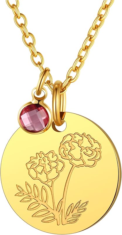 Necklaces for Women with Birthstone Stainless Steel/Gold Plated/Sterling Silver Jan. to Dec. Guardian Month Floral Pendant Custom Engraved Dainty Jewelry + Gift Box