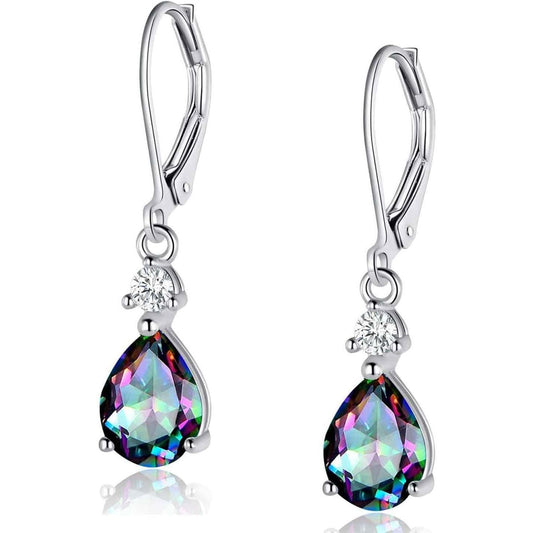 925 Sterling Silver Blue Topaz/Amethyst/Rainbow Quartz CZ Teardrop Leverback Earrings Drop Dangly Gemstone Earings Hypoallergenic Birthday Jewelry Gifts for Women