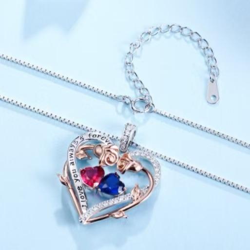 Twin Roses Heart Pendant Necklace – Personalized Two-Stone 925 Silver Jewelry, Elegant & Comfortable Wear, Perfect Romantic Gift for Her