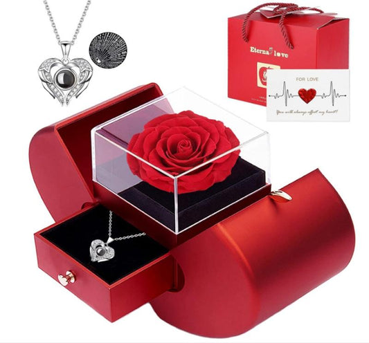 Valentine's Day Forever Rose Set I Love You Necklace 100 Languages, Gift for Wife Girlfriend Mum Lady Her, Plastic, Acrylic