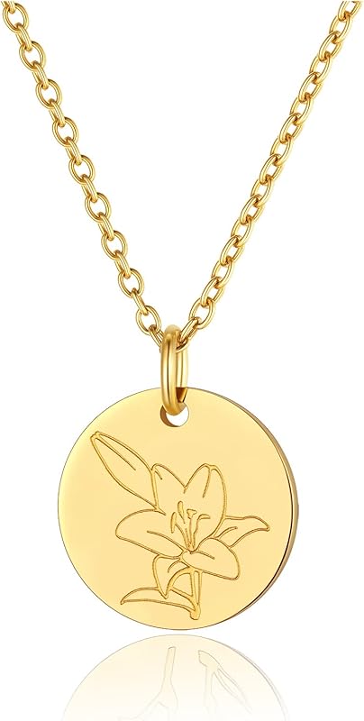 Necklaces for Women with Birthstone Stainless Steel/Gold Plated/Sterling Silver Jan. to Dec. Guardian Month Floral Pendant Custom Engraved Dainty Jewelry + Gift Box