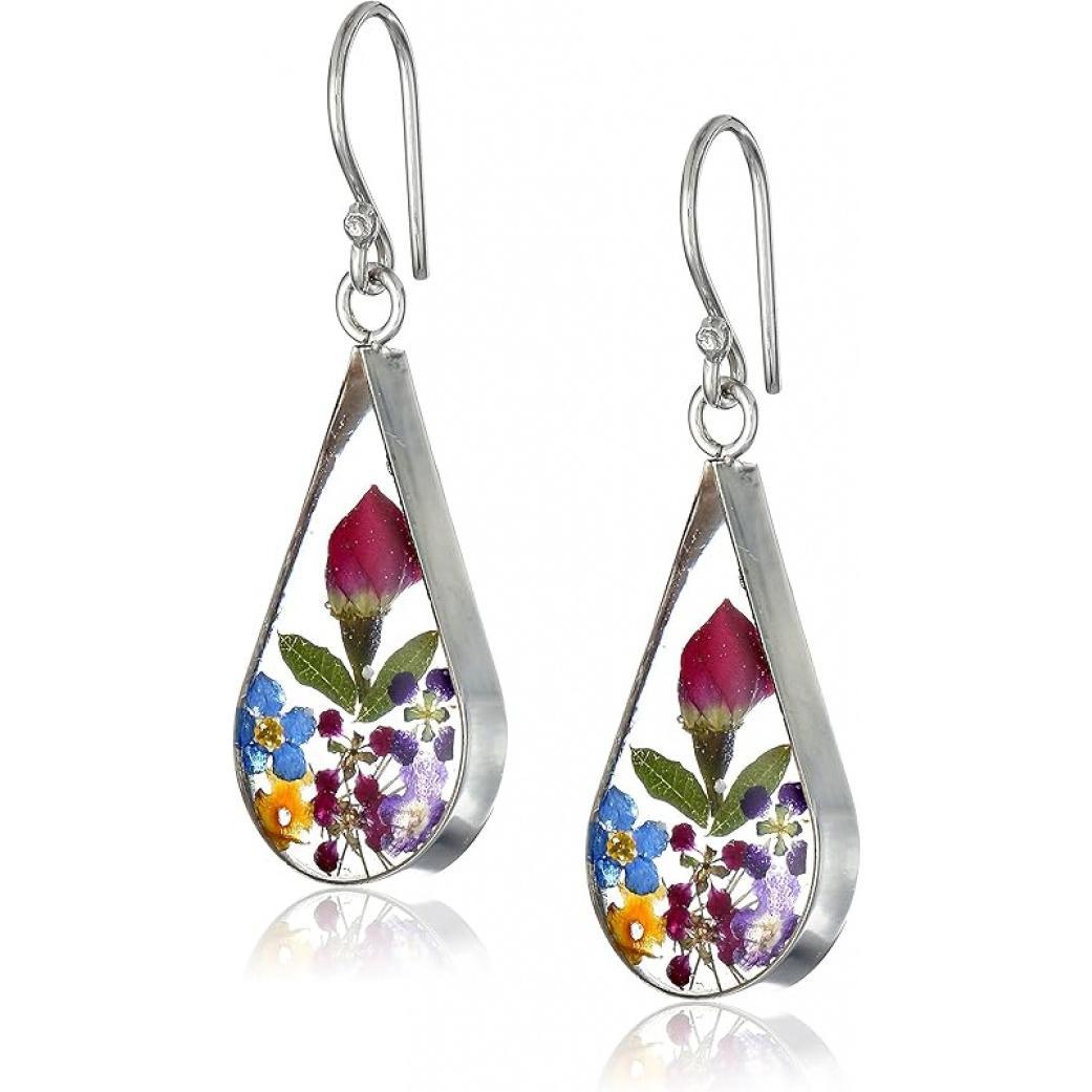 Sterling Silver Pressed Flower Teardrop Earrings