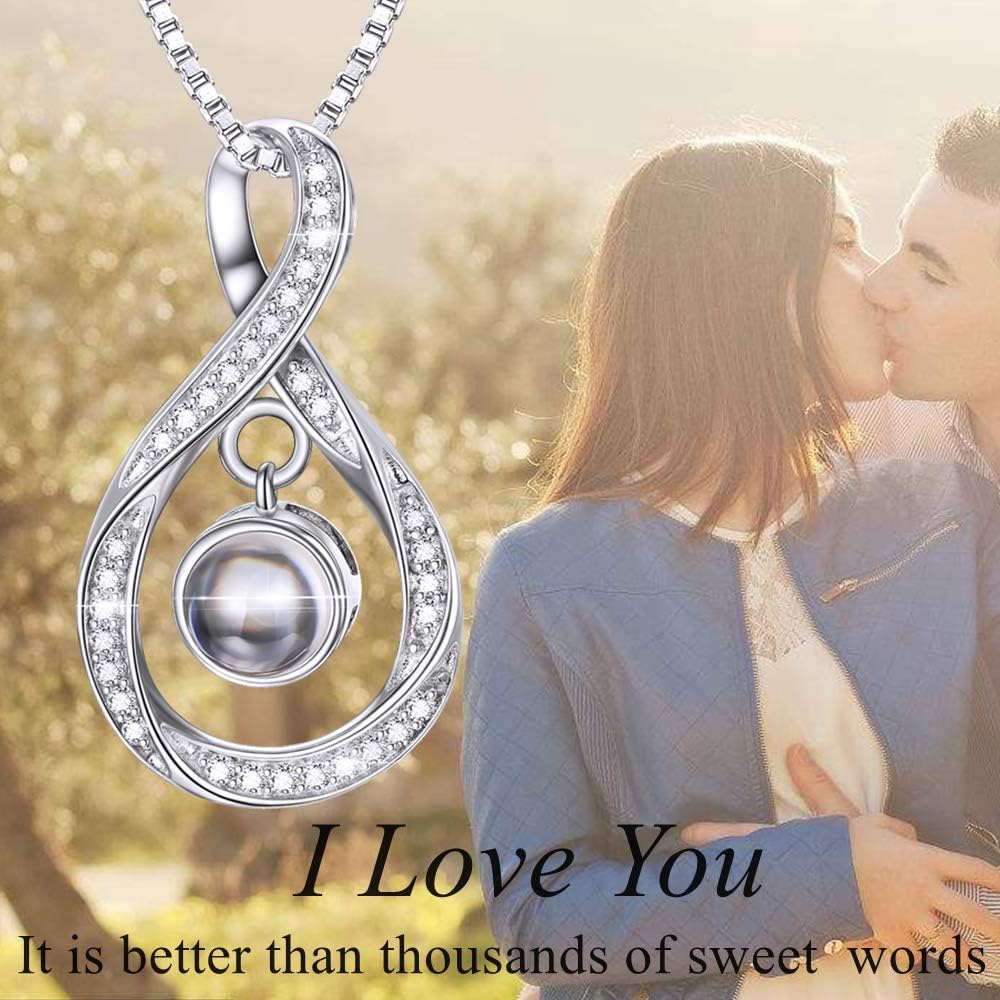 925 Sterling Silver I Love You 100 Languages Necklace I Love You Forever Infinity Heart Mom Sunflower Projection Pendant Necklace for Women Mother's Day Gift