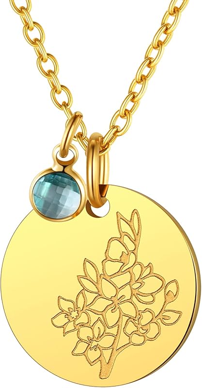 Necklaces for Women with Birthstone Stainless Steel/Gold Plated/Sterling Silver Jan. to Dec. Guardian Month Floral Pendant Custom Engraved Dainty Jewelry + Gift Box