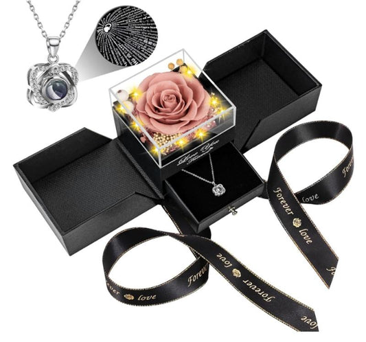 Eternal Red True Rose and Heart I Love You Necklace-Eternal Flower Rose Birthday Gift for Women Her Mother, Wife, Girlfriend Grandma Valentine's Day Mother's Day Christmas Anniversary Romance