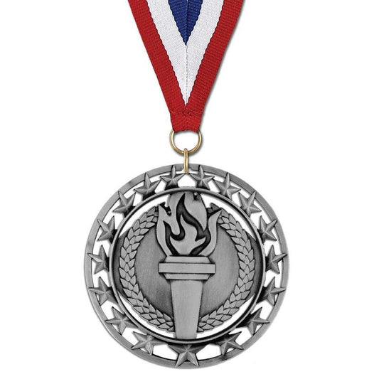 Victory Torch Gold Silver or Bronze Medals with Red White and Blue Neck Ribbo...