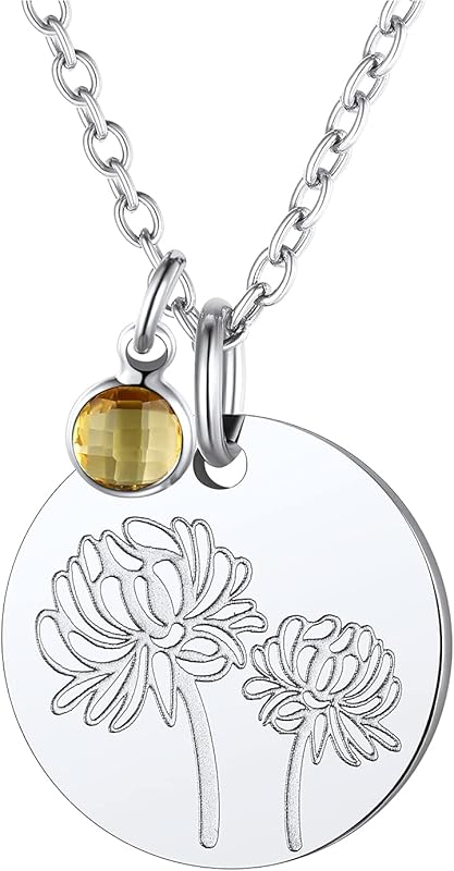 Necklaces for Women with Birthstone Stainless Steel/Gold Plated/Sterling Silver Jan. to Dec. Guardian Month Floral Pendant Custom Engraved Dainty Jewelry + Gift Box