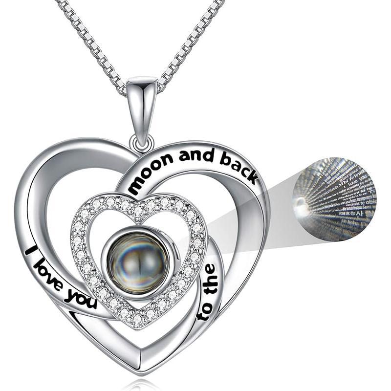 925 Sterling Silver I Love You 100 Languages Necklace I Love You Forever Infinity Heart Mom Sunflower Projection Pendant Necklace for Women Mother's Day Gift