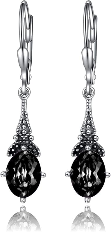 Retro Earrings Female Sterling Silver Retro Pendant Earrings with 8x6mm oval authentic or simulated birthstone crystal from Austria, anniversary jewelry gift for her woman.