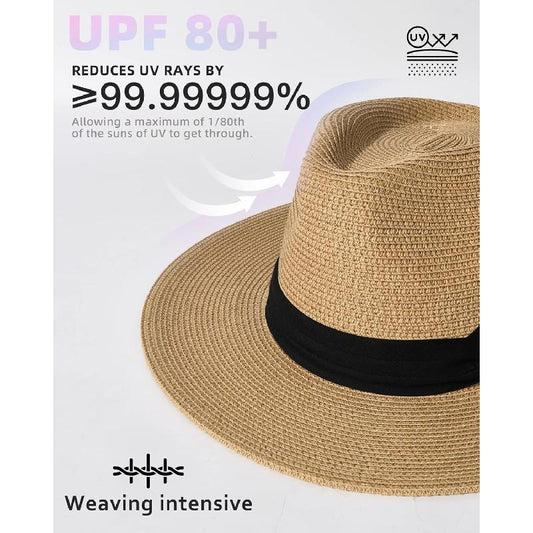 Womens Mens Wide Brim Straw Panama Hat Fedora Summer Beach Sun Hats UPF Straw Hat for Women