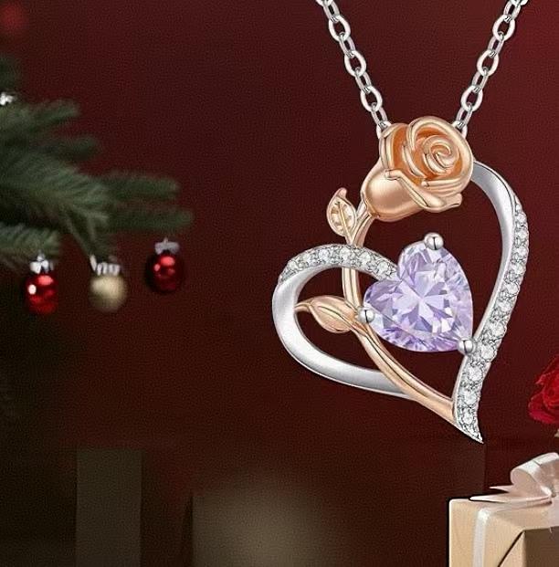Heart and Rose Pendant Necklace-925 Sterling Silver Jewelry，Adjustable Chain，Give for her in Valentine's Day Gifts ，Mother's Day Presents ，National Day Singapore Jewelry and Birthday Day Gift， Adjustable Chai