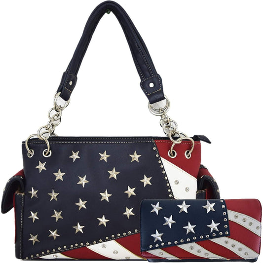 Western Cowgirl American Flag Stars and Stripes Rhinestone Women Leather Handbag Country Purses Wallet Set Red White Blue, Large