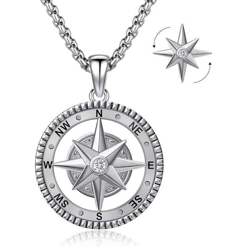 Compass Necklace for Women Men 925 Sterling Silver Pendant Urn Necklaces for Ashes Picture Locket Necklace Anchor Necklace Viking Necklace Crystals CZ Moonstone Abalone Shell Turquoise Compass Jewelry